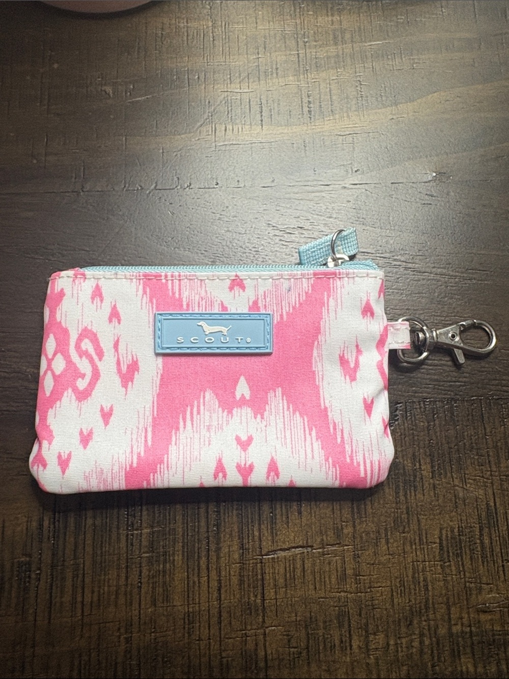 Scout Pink and Light Blue Ikat Zip Pouch with Clasp + ID Window